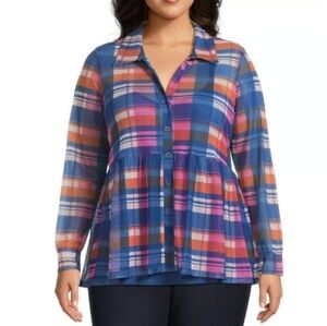 1X 16-18W Terra & Sky Ruffle Button-Down Top Plaid AH-1817